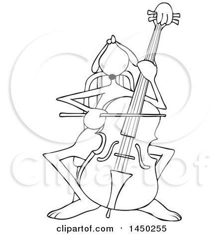 Clipart Graphic of a Cartoon Black and White Lineart Cellist Musician Dog Playing a Cello - Royalty Free Vector Illustration by djart