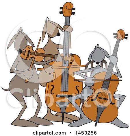 Clipart Graphic of a Cartoon String Trio Dog Orchestra Playing a Cello, Violin and Bass - Royalty Free Vector Illustration by djart