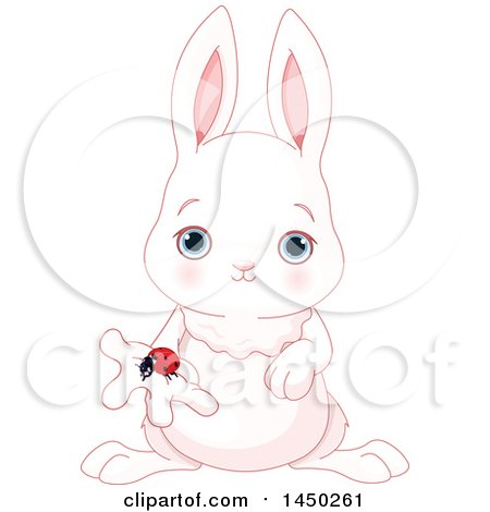 Clipart Graphic of a Cute Adorable Baby Animal Bunny Rabbit Holding a Spring Time Ladybug - Royalty Free Vector Illustration by Pushkin