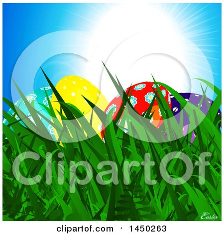 Clipart Graphic of Colorful Easter Eggs in Grass Under a Blue Sunny Sky - Royalty Free Vector Illustration by elaineitalia