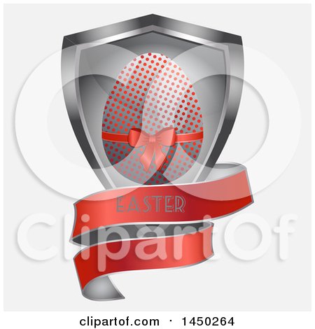 Clipart Graphic of a 3d Silver and Red Polka Dot Easter Egg Shield with a Banner, on off white - Royalty Free Vector Illustration by elaineitalia