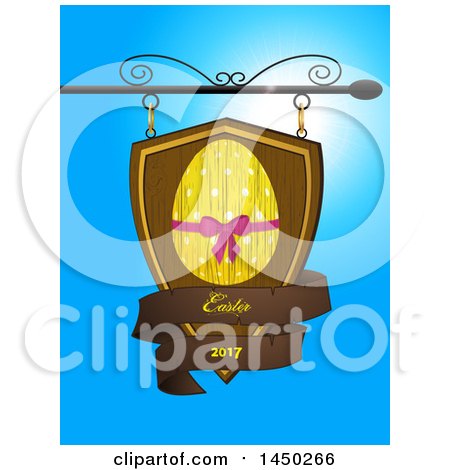 Clipart Graphic of a Wooden Store Shingle Sign with an Easter Egg and Text Banner Against Blue Sky - Royalty Free Vector Illustration by elaineitalia