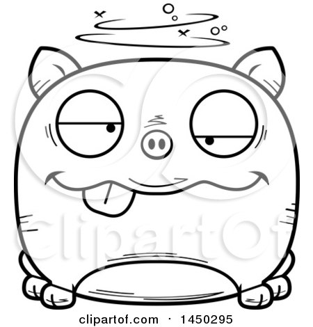 Clipart Graphic of a Cartoon Black and White Lineart Drunk Pig Character Mascot - Royalty Free Vector Illustration by Cory Thoman