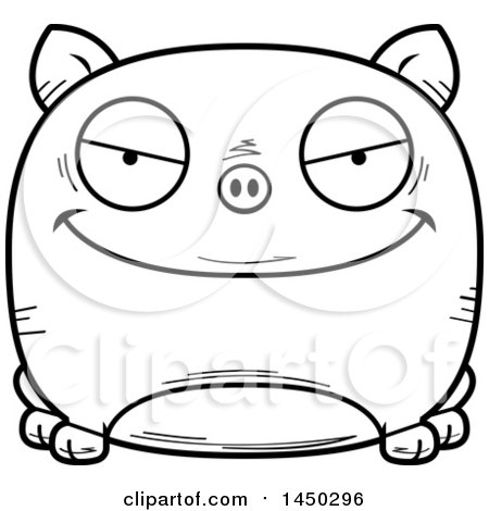 Clipart Graphic of a Cartoon Black and White Lineart Evil Pig Character Mascot - Royalty Free Vector Illustration by Cory Thoman