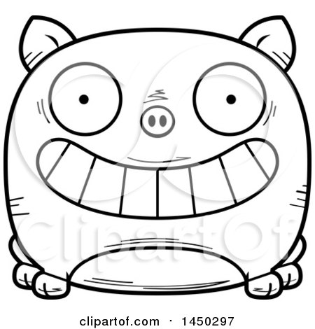 Clipart Graphic of a Cartoon Black and White Lineart Grinning Pig Character Mascot - Royalty Free Vector Illustration by Cory Thoman