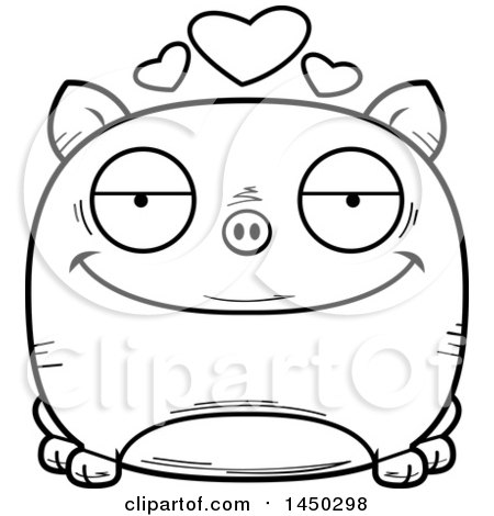Clipart Graphic of a Cartoon Black and White Lineart Loving Pig Character Mascot - Royalty Free Vector Illustration by Cory Thoman