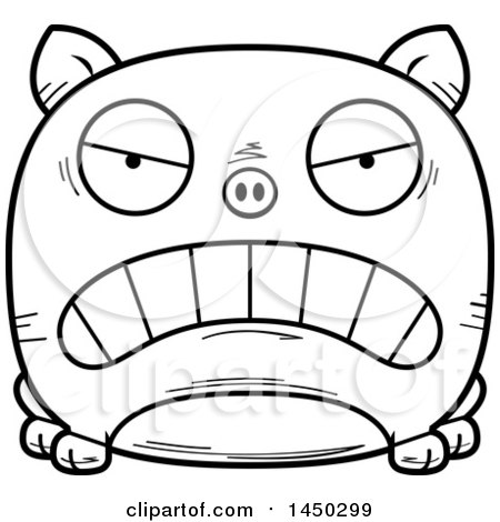 Clipart Graphic of a Cartoon Black and White Lineart Mad Pig Character Mascot - Royalty Free Vector Illustration by Cory Thoman