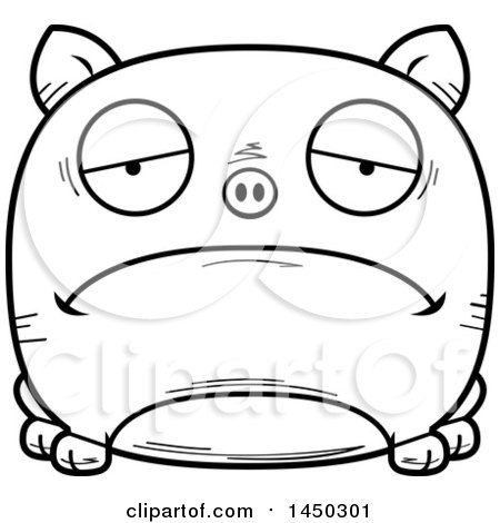 Clipart Graphic of a Cartoon Black and White Lineart Sad Pig Character Mascot - Royalty Free Vector Illustration by Cory Thoman