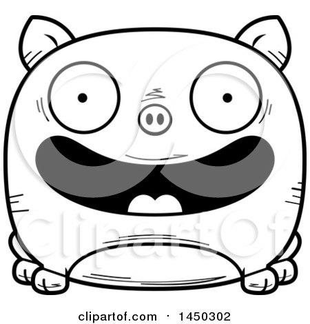 Clipart Graphic of a Cartoon Black and White Lineart Happy Pig Character Mascot - Royalty Free Vector Illustration by Cory Thoman