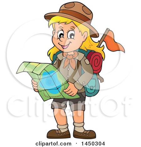 Clipart Graphic of a Hiking Scout Girl Reading a Map - Royalty Free Vector Illustration by visekart
