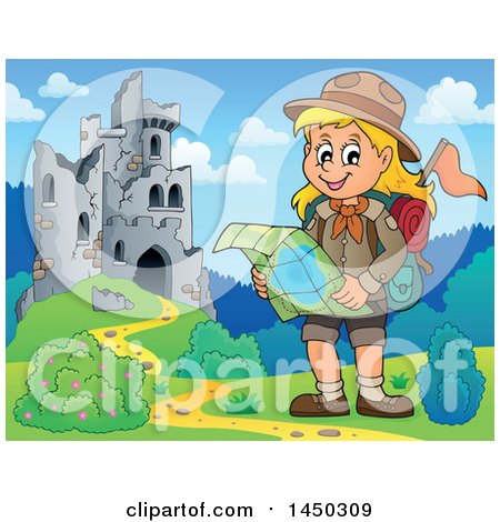 Clipart Graphic of a Hiking Scout Girl Reading a Map near Castle Ruins - Royalty Free Vector Illustration by visekart