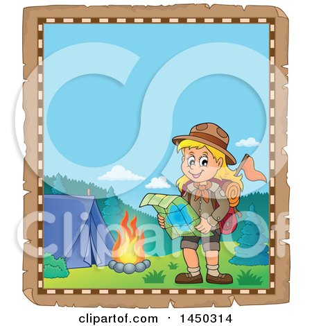 Clipart Graphic of a Parchment Border of a Hiking Scout Girl Reading a Map by a Campfire - Royalty Free Vector Illustration by visekart