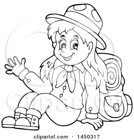 Clipart Graphic of a Black and White Lineart Hiking Scout Girl Sitting and Waving - Royalty Free Vector Illustration by visekart