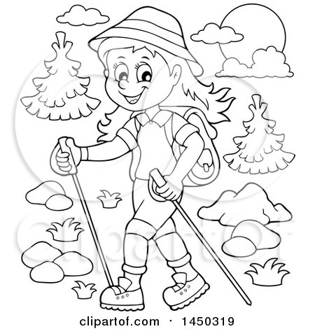 Clipart Graphic of a Black and White Lineart Happy Girl Hiking with Poles - Royalty Free Vector Illustration by visekart