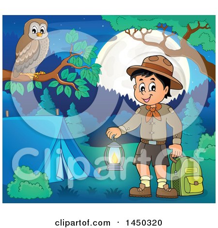 Clipart Graphic of a Scout Boy Holding a Lantern and Backpack at a Camping Site - Royalty Free Vector Illustration by visekart