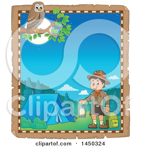 Clipart Graphic of a Parchment Border of a Scout Boy Holding a Lantern and Backpack at a Camping Site - Royalty Free Vector Illustration by visekart