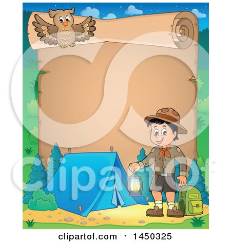 Clipart Graphic of a Parchment Scroll Border of a Scout Boy Holding a Lantern and Backpack at a Camping Site - Royalty Free Vector Illustration by visekart