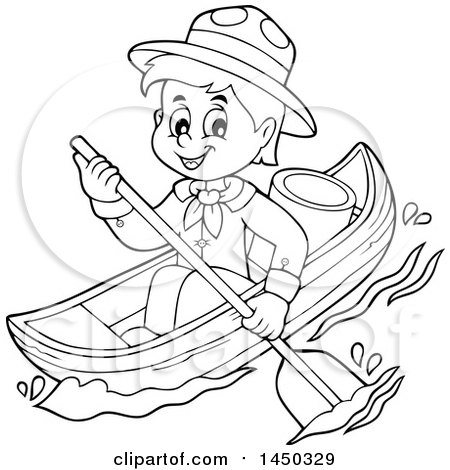 Clipart Graphic of a Black and White Lineart Happy Scout Boy Rowing a Boat - Royalty Free Vector Illustration by visekart