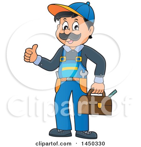 Clipart Graphic of a Happy Male Plumber Holding a Tool Box and Giving a Thumb up - Royalty Free Vector Illustration by visekart