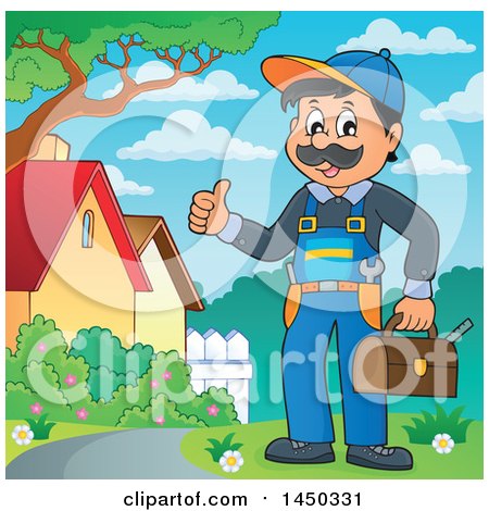 Clipart Graphic of a Happy Male Plumber Holding a Tool Box and Giving a Thumb up Outdoors - Royalty Free Vector Illustration by visekart