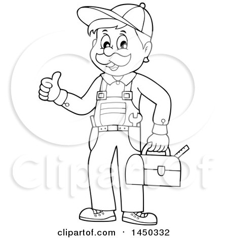 Clipart Graphic of a Black and White Lineart Happy Male Plumber Holding a Tool Box and Giving a Thumb up - Royalty Free Vector Illustration by visekart