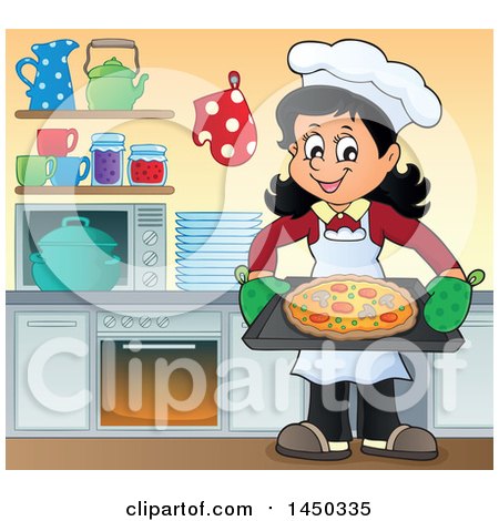 Clipart Graphic of a Happy Woman Making a Pizza in a Kitchen - Royalty Free Vector Illustration by visekart