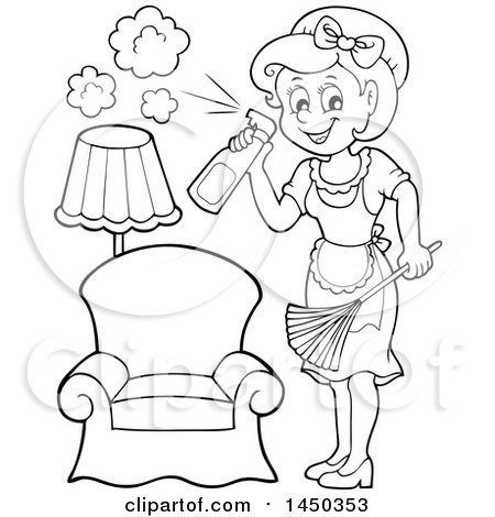 Clipart Graphic of a Black and White Lineart Maid Spraying Cleanser and Dusting - Royalty Free Vector Illustration by visekart