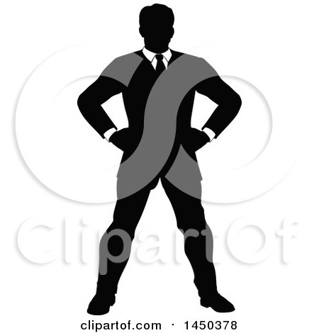 Clipart Graphic of a Black and White Silhouetted Business Man Standing with Hands on His Hips - Royalty Free Vector Illustration by AtStockIllustration