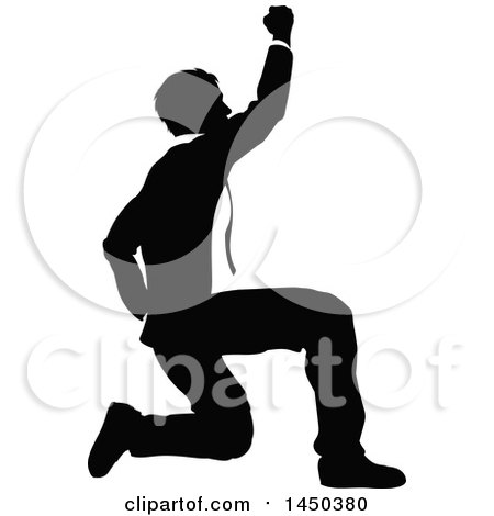 Clipart Graphic of a Black and White Silhouetted Business Man Kneeling and Cheering - Royalty Free Vector Illustration by AtStockIllustration