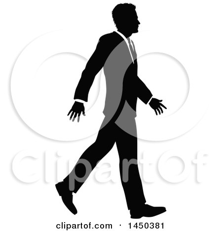 Clipart Graphic of a Black and White Silhouetted Business Man Walking - Royalty Free Vector Illustration by AtStockIllustration