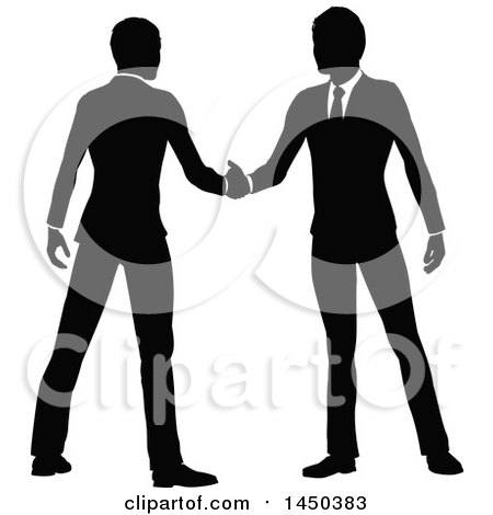 Clipart Graphic of Black and White Silhouetted Business Men Shaking Hands - Royalty Free Vector Illustration by AtStockIllustration