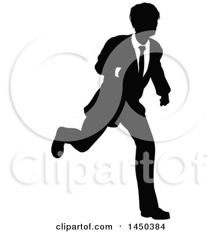 Clipart Graphic of a Black and White Silhouetted Business Man Running - Royalty Free Vector Illustration by AtStockIllustration