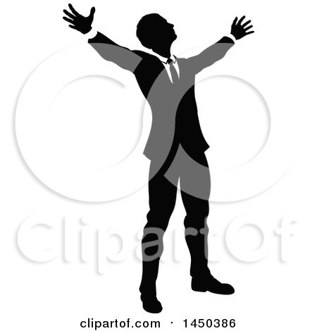 Clipart Graphic of a Black and White Silhouetted Business Man Worshipping - Royalty Free Vector Illustration by AtStockIllustration