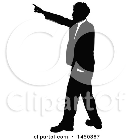 Clipart Graphic of a Black and White Silhouetted Business Man Pointing - Royalty Free Vector Illustration by AtStockIllustration