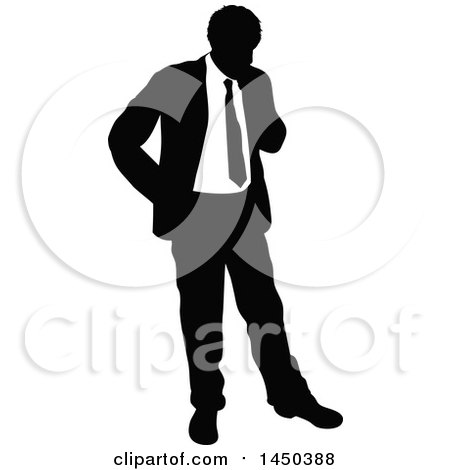 Clipart Graphic of a Black and White Silhouetted Business Man Thinking - Royalty Free Vector Illustration by AtStockIllustration