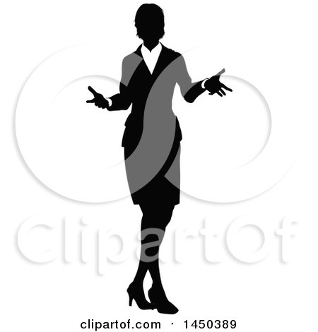Clipart Graphic of a Black and White Silhouetted Business Woman Shrugging - Royalty Free Vector Illustration by AtStockIllustration