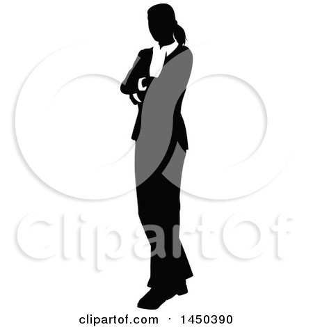 Clipart Graphic of a Black and White Silhouetted Business Woman with Folded Arms - Royalty Free Vector Illustration by AtStockIllustration