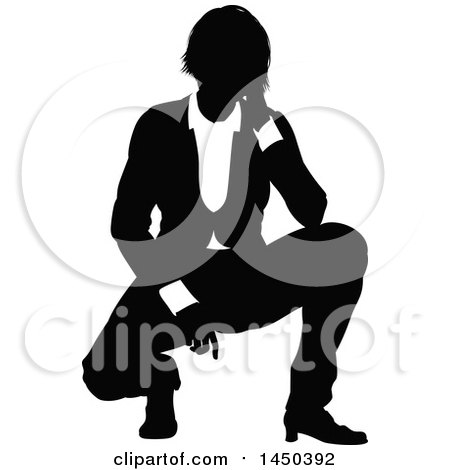 Clipart Graphic of a Black and White Silhouetted Business Woman Crouching - Royalty Free Vector Illustration by AtStockIllustration
