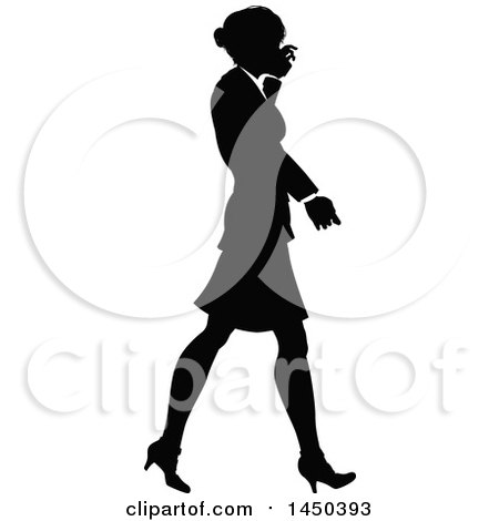 Clipart Graphic of a Black and White Silhouetted Business Woman Walking - Royalty Free Vector Illustration by AtStockIllustration