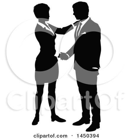 Clipart Graphic of a Black and White Silhouetted Business Man and Woman Shaking Hands - Royalty Free Vector Illustration by AtStockIllustration