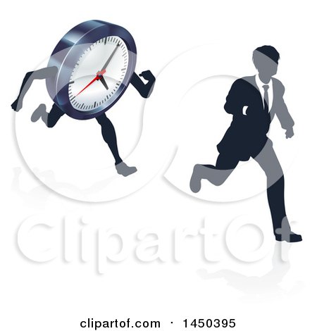Clipart Graphic of a Silhouetted Business Man Racing a Clock Character, with a Reflection - Royalty Free Vector Illustration by AtStockIllustration