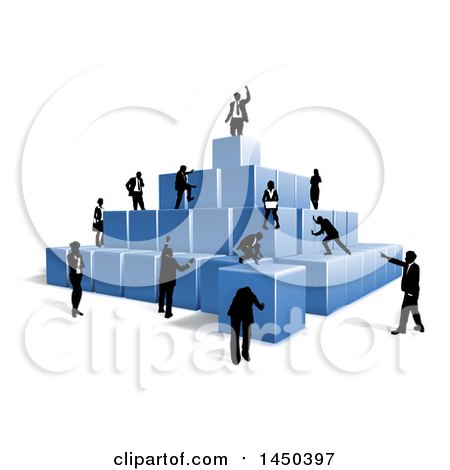 Clipart Graphic of a Team of Silhouetted Business Men and Women Climbing a Pyramid of 3d Blue Cubes - Royalty Free Vector Illustration by AtStockIllustration