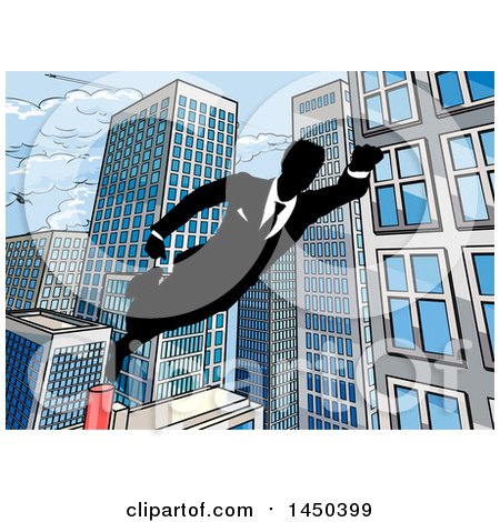 Clipart Graphic of a Black and White Silhouetted Super Businesss Man Flying Through a City - Royalty Free Vector Illustration by AtStockIllustration