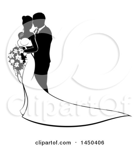 Clipart Graphic of a Black and White Silhouetted Posing Wedding Bride and Groom - Royalty Free Vector Illustration by AtStockIllustration