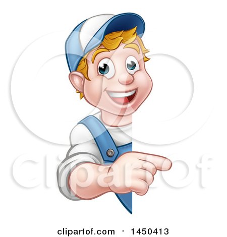 Clipart Graphic of a Cartoon Happy White Male Worker Pointing Around a Sign - Royalty Free Vector Illustration by AtStockIllustration