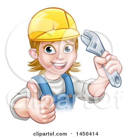 Clipart Graphic of a Cartoon Happy White Female Plumber Holding an Adjustable Wrench and Giving a Thumb up - Royalty Free Vector Illustration by AtStockIllustration