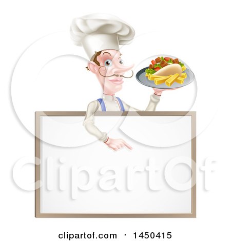 Clipart Graphic of a Cartoon Caucasian Male Chef with a Curling Mustache, Holding a Kebab Sandwich on a Tray, Pointing down over a Blank Menu Sign - Royalty Free Vector Illustration by AtStockIllustration