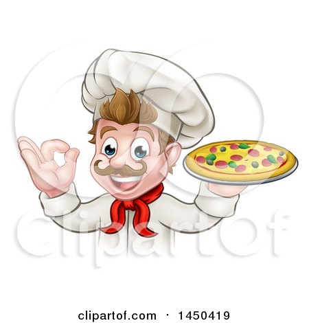Clipart Graphic of a Cartoon Happy White Male Chef Gesturing Perfect and Holding up a Pizza - Royalty Free Vector Illustration by AtStockIllustration