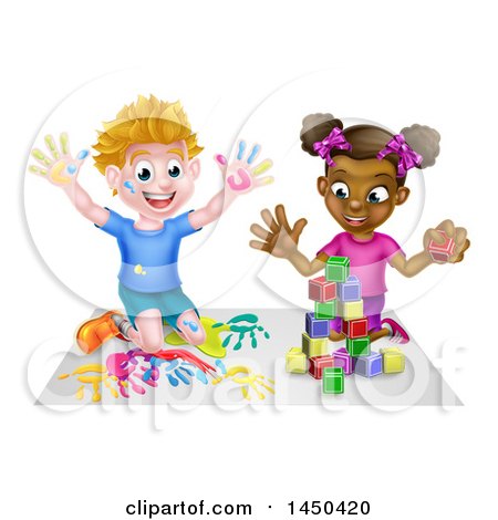 Clipart Graphic of a Cartoon Happy Black Girl Playing with Toy Blocks and White Boy Finger Painting - Royalty Free Vector Illustration by AtStockIllustration