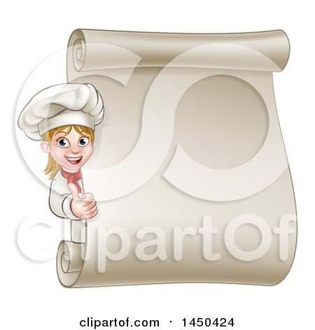 Clipart Graphic of a Happy Young Blond White Female Chef Giving a Thumb up Around a Scroll Menu - Royalty Free Vector Illustration by AtStockIllustration
